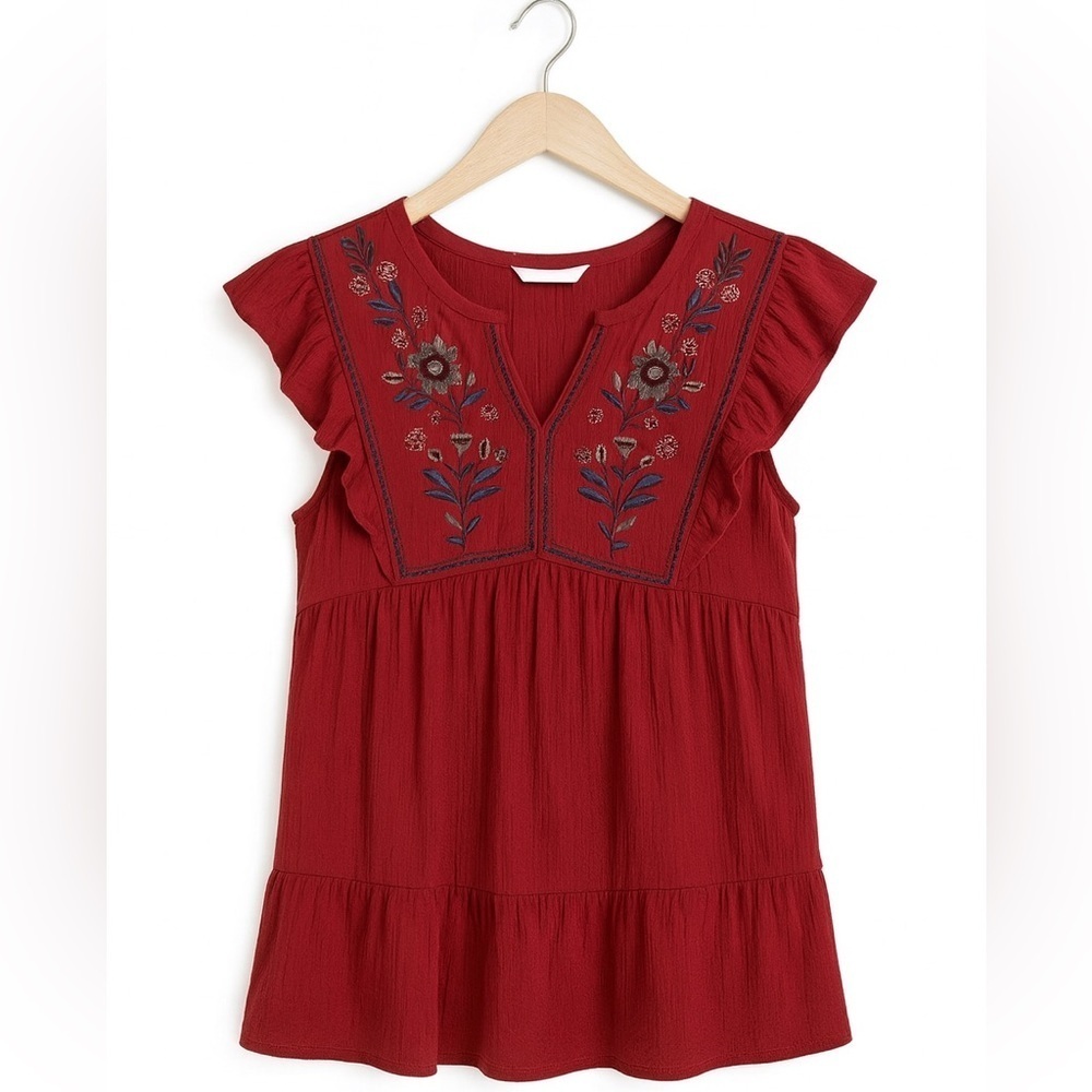 Sonoma XL Embroidered Tiered Flounce Dress Magenta Boho Flutter Sleeve Lined